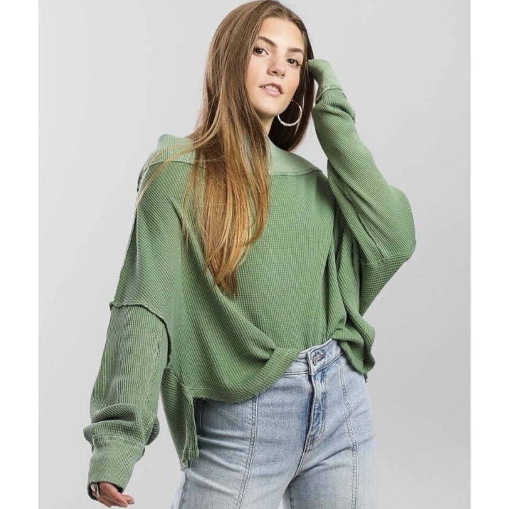 Free People Close To You Waffle Knit Top Moss Green Slouchy Oversized Size M